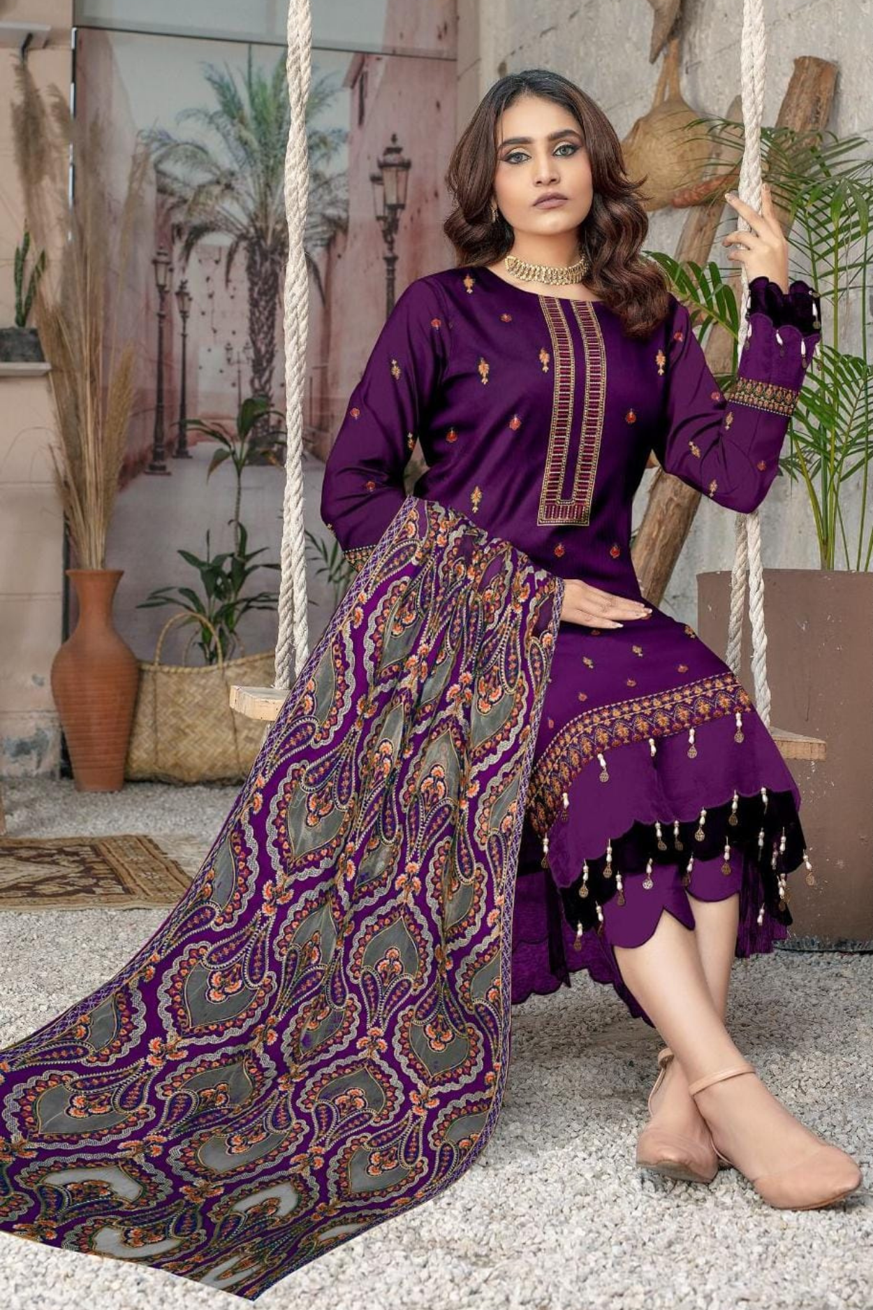 3PC Unstitched Dhanak Embroidered Shirt with Dhanak  Aplik Work Shawl Embroidered Dupatta MT-110 B