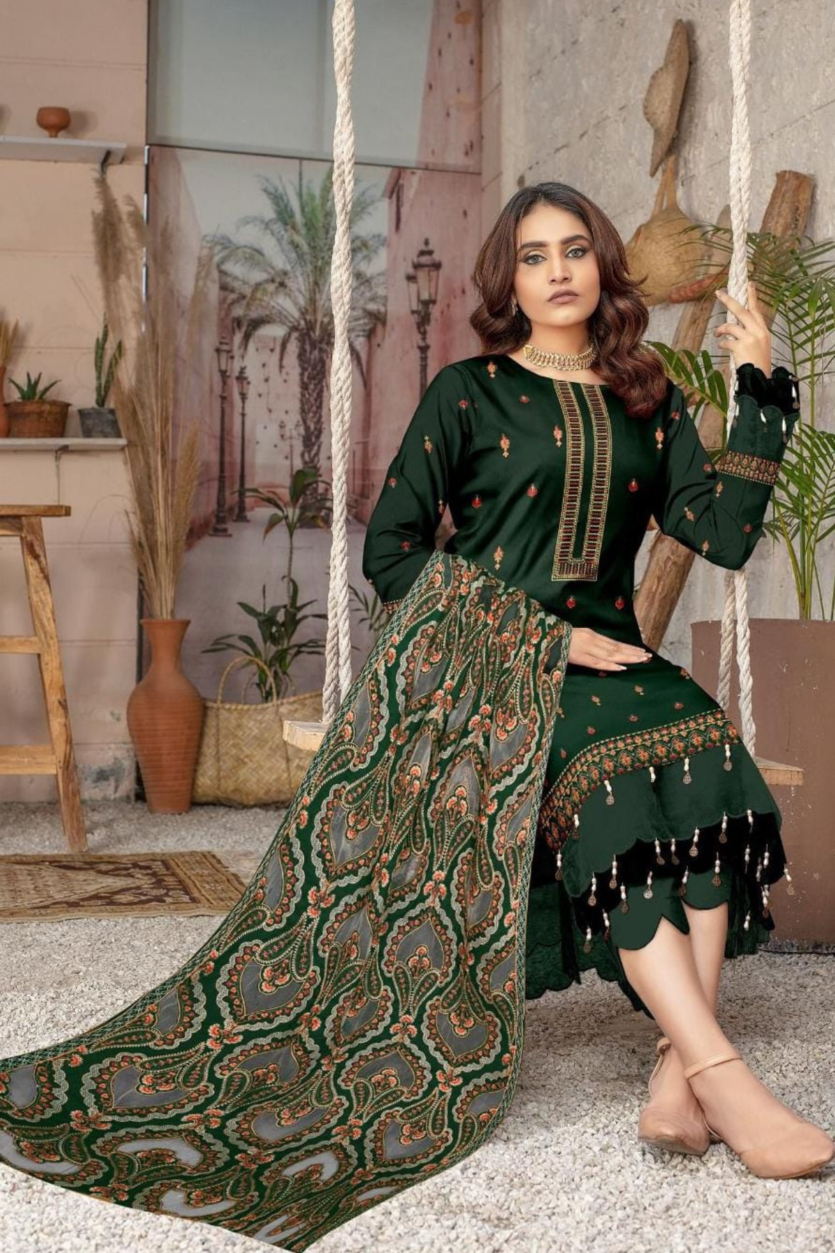 3PC Unstitched Dhanak Embroidered Shirt with Dhanak  Aplik Work Shawl Embroidered Dupatta MT-110 C