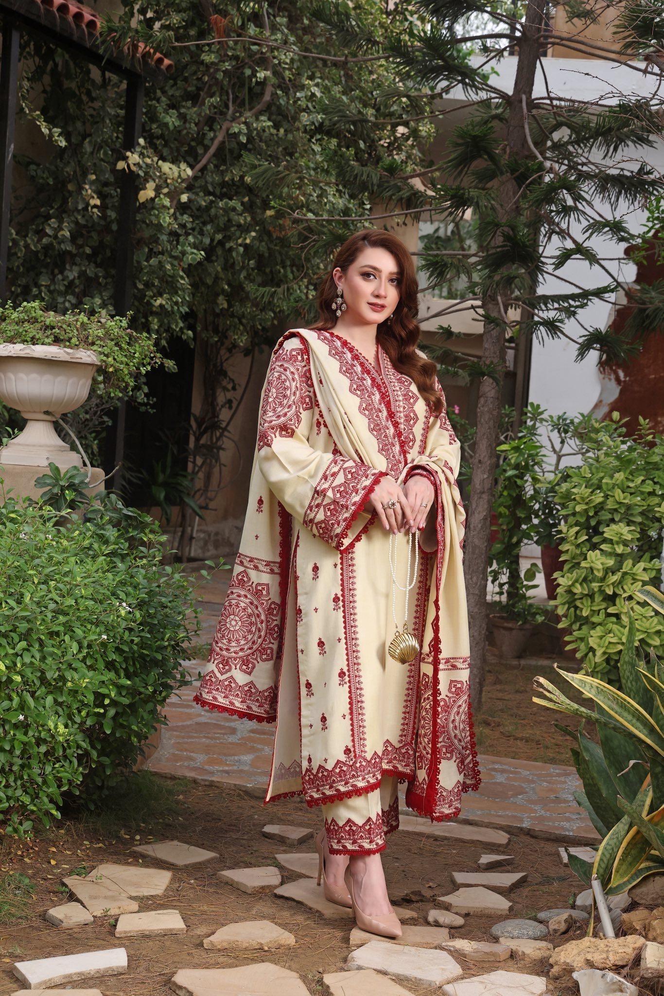 3PC Unstitched Dhanak Embroidered Shirt with Dhanak  Embroidered Shawl MT-113
